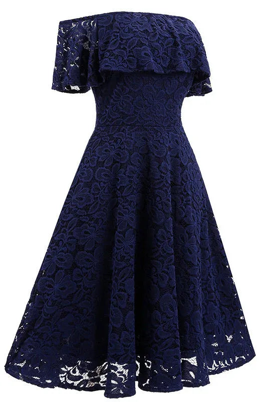 Navy Blue Lace Homecoming Dress For High School Girls With Off The Shoulder Ruffle Sleeves And Elegant A Line Silhouette