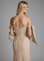 Elegant Off-the-Shoulder Bridesmaid Dresses with Bow Tie Accents, Ruched Bodice, Daring High Slit and Form-Fitting Maxi Silhouette Formal Gown