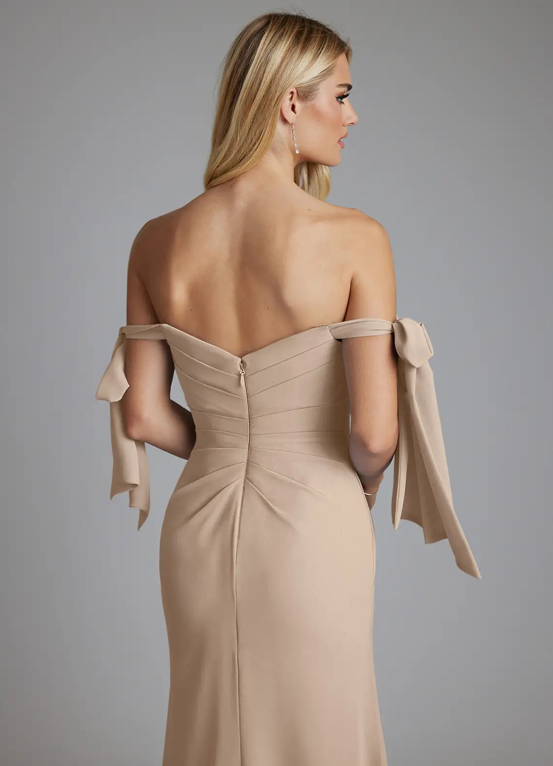 Elegant Off-the-Shoulder Bridesmaid Dresses with Bow Tie Accents, Ruched Bodice, Daring High Slit and Form-Fitting Maxi Silhouette Formal Gown