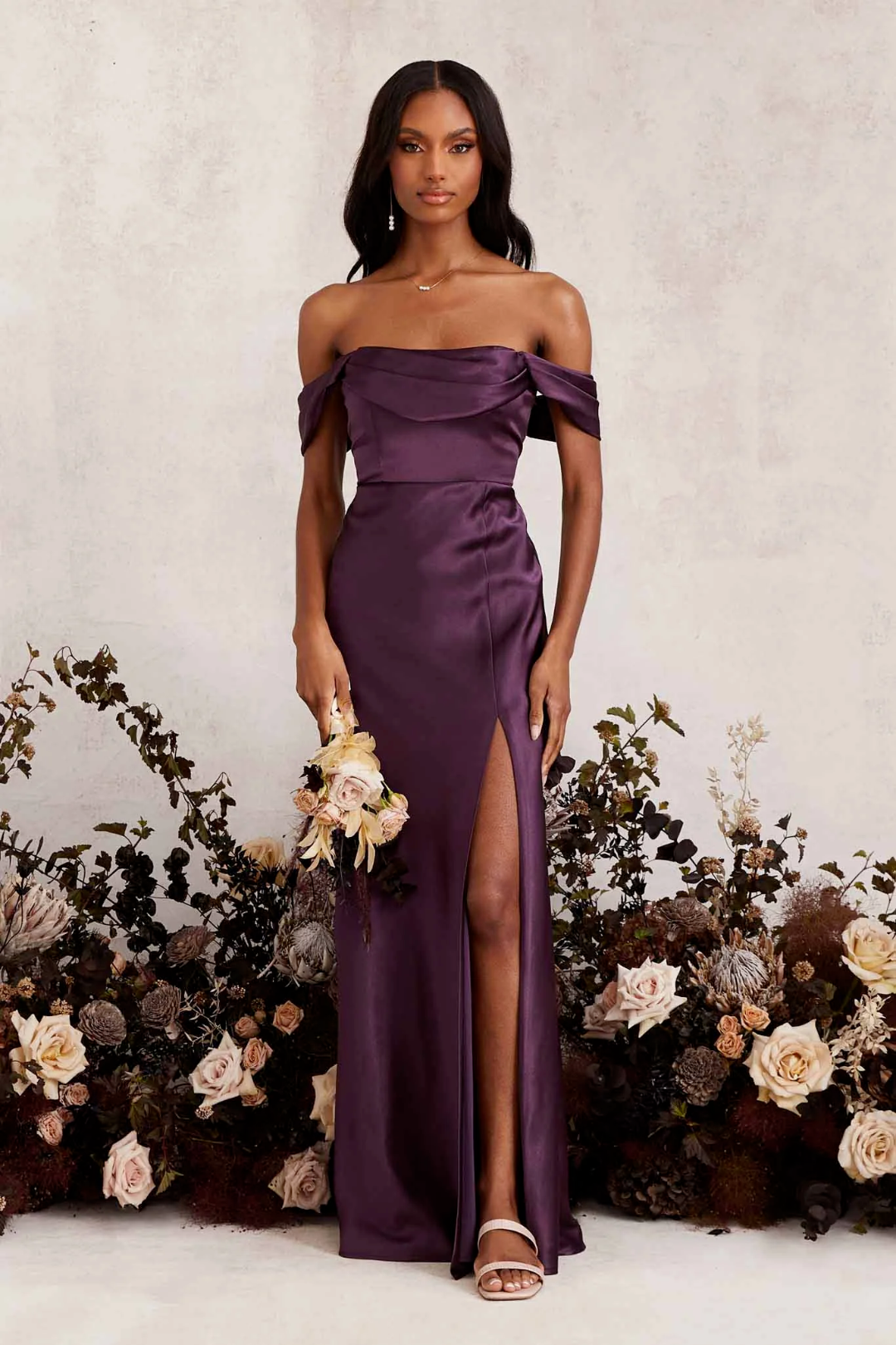 Elegant Off-the-Shoulder Satin Draped Neck High Slit Floor-Length Bridesmaid Dress