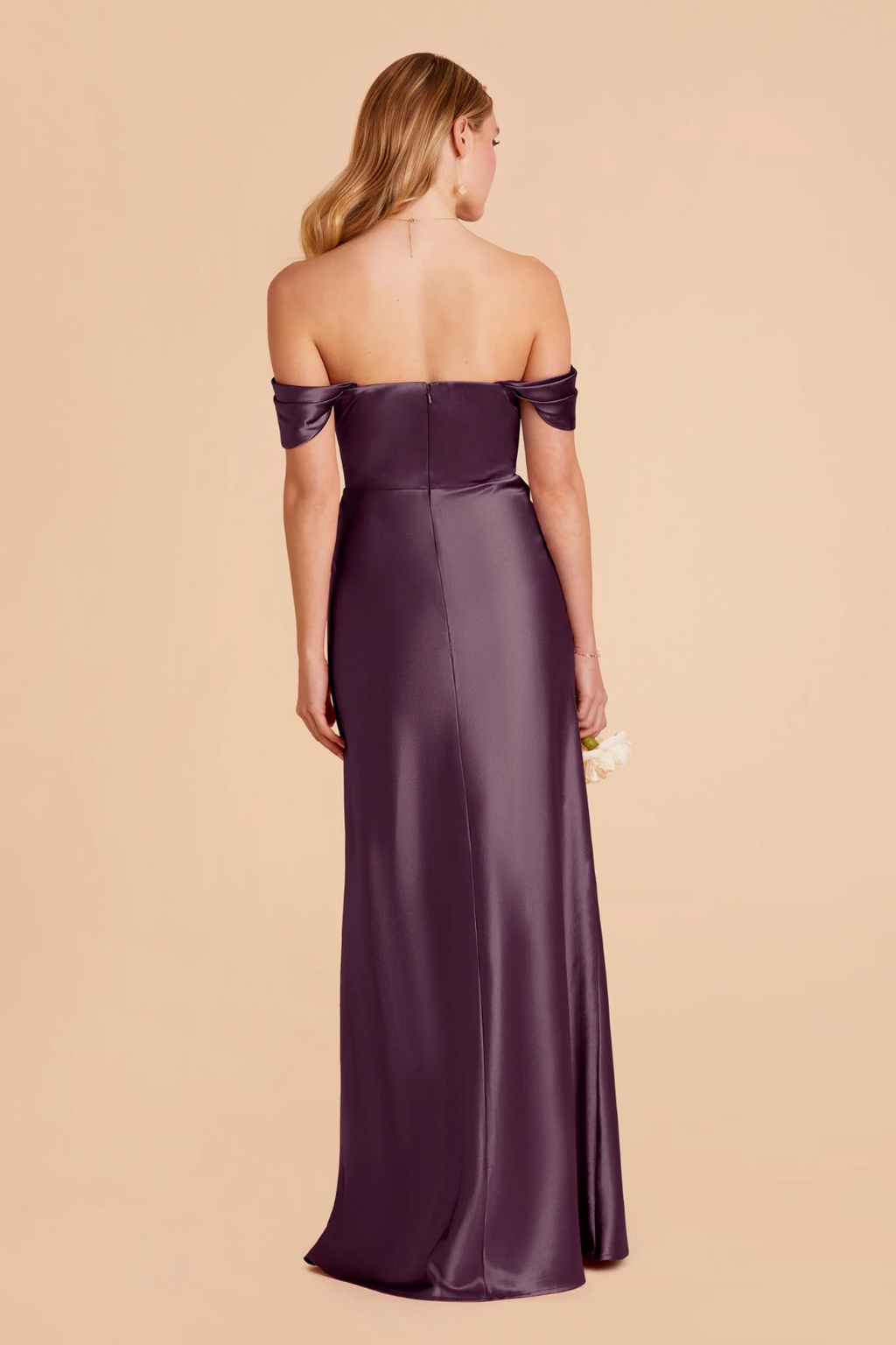 Elegant Off-the-Shoulder Satin Draped Neck High Slit Floor-Length Bridesmaid Dress