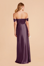 Elegant Off-the-Shoulder Satin Draped Neck High Slit Floor-Length Bridesmaid Dress