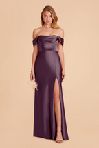 Elegant Off-the-Shoulder Satin Draped Neck High Slit Floor-Length Bridesmaid Dress