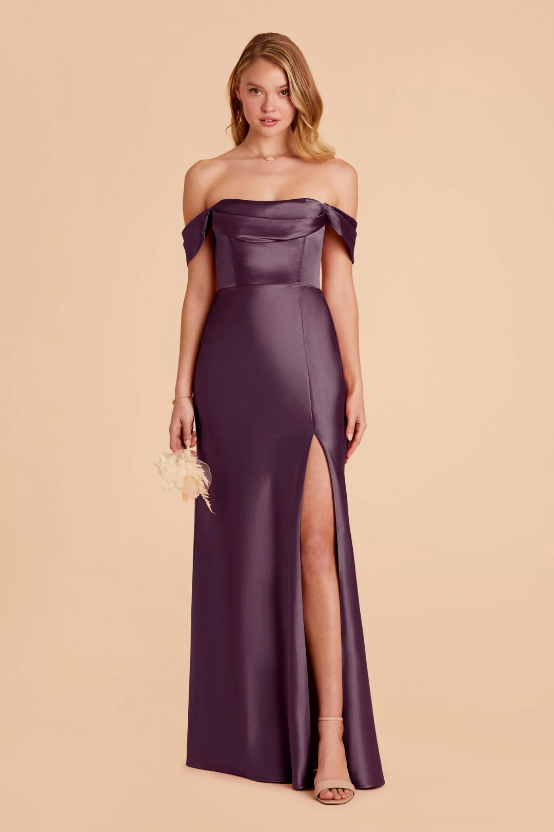 Elegant Off-the-Shoulder Satin Draped Neck High Slit Floor-Length Bridesmaid Dress