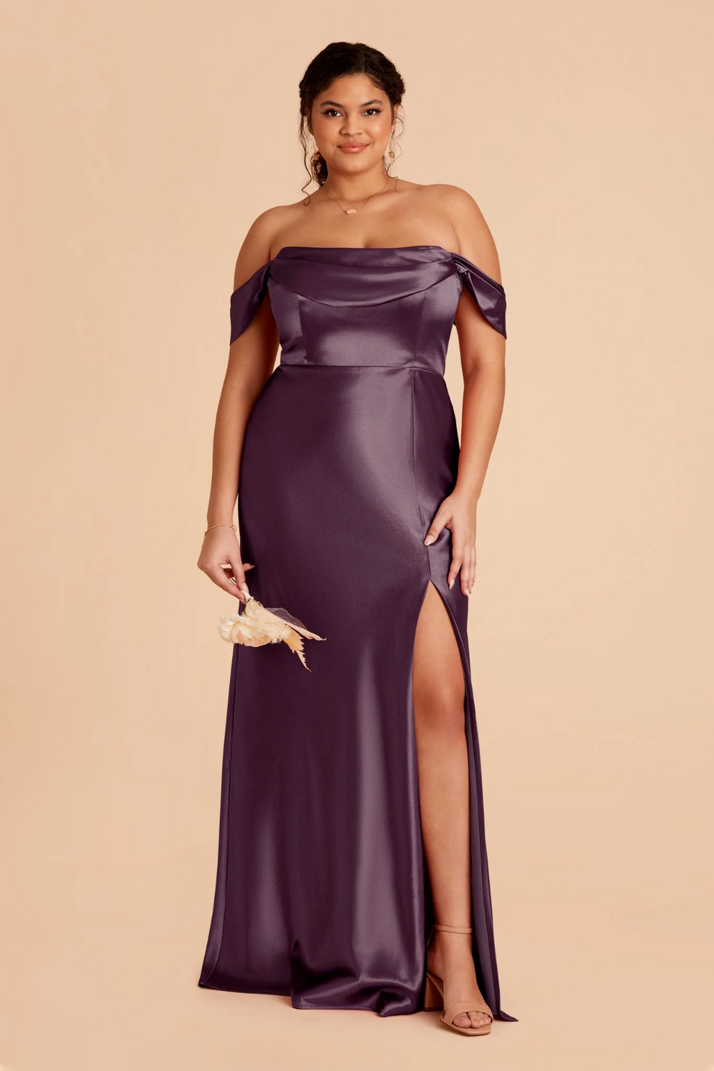 Elegant Off-the-Shoulder Satin Draped Neck High Slit Floor-Length Bridesmaid Dress