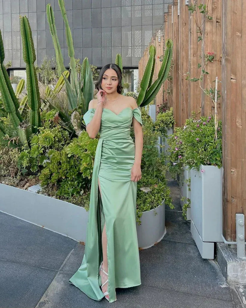 Off Shoulder Sleeveless Mermaid Prom Dress With Slit