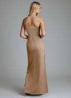 Elegant One-Shoulder Bridesmaid Dresses with Ruched Waist Detail, Daring High Slit and Form-Fitting Satin Maxi Silhouette Formal Gown