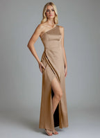 Elegant One-Shoulder Bridesmaid Dresses with Ruched Waist Detail, Daring High Slit and Form-Fitting Satin Maxi Silhouette Formal Gown