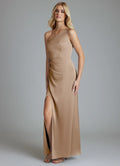 Elegant One-Shoulder Bridesmaid Dresses with Ruched Waist Detail, Daring High Slit and Form-Fitting Satin Maxi Silhouette Formal Gown