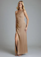 Elegant One-Shoulder Bridesmaid Dresses with Ruched Waist Detail, Daring High Slit and Form-Fitting Satin Maxi Silhouette Formal Gown