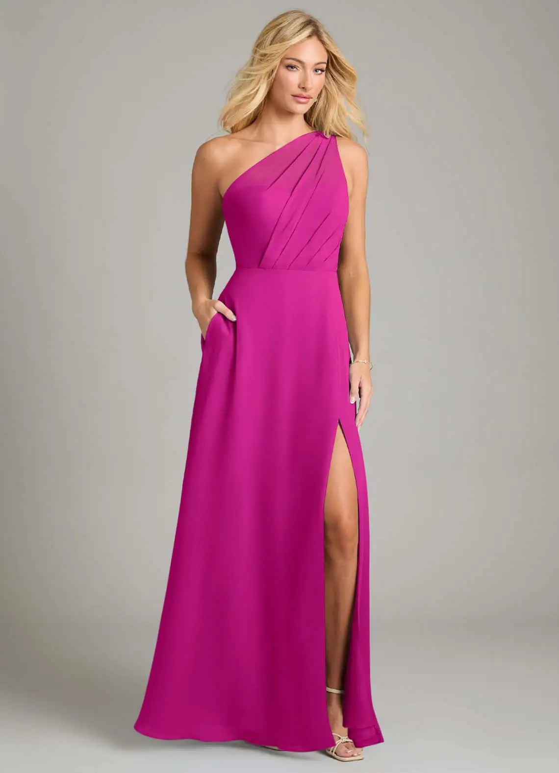 Elegant One-Shoulder Draped Bodice Pocketed High Slit Floor-Length Bridesmaid Dresses