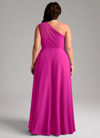 Elegant One-Shoulder Draped Bodice Pocketed High Slit Floor-Length Bridesmaid Dresses