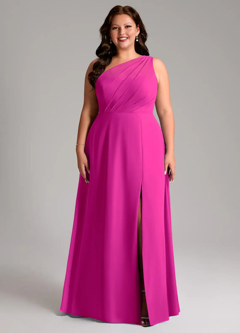 Elegant One-Shoulder Draped Bodice Pocketed High Slit Floor-Length Bridesmaid Dresses