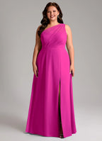 Elegant One-Shoulder Draped Bodice Pocketed High Slit Floor-Length Bridesmaid Dresses