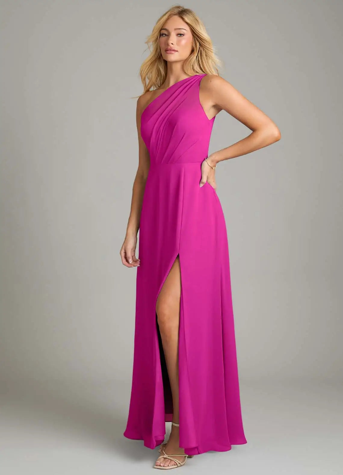 Elegant One-Shoulder Draped Bodice Pocketed High Slit Floor-Length Bridesmaid Dresses