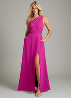 Elegant One-Shoulder Draped Bodice Pocketed High Slit Floor-Length Bridesmaid Dresses