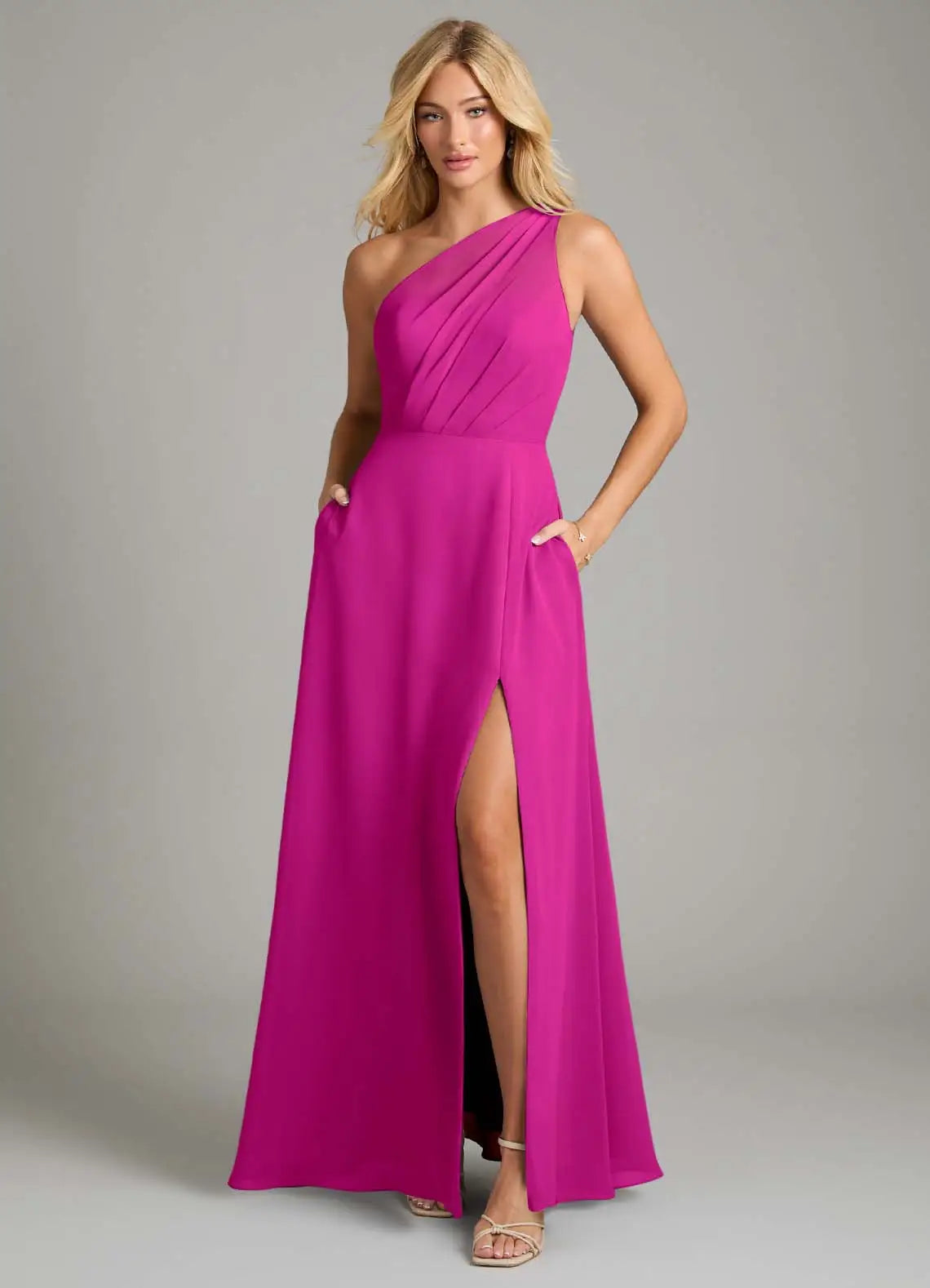 Elegant One-Shoulder Draped Bodice Pocketed High Slit Floor-Length Bridesmaid Dresses