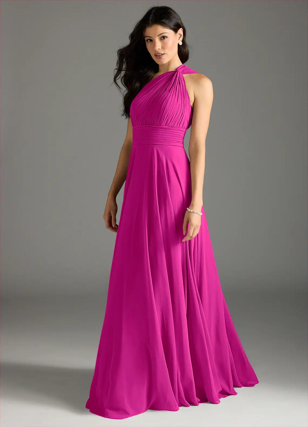 Elegant One-Shoulder Pleated Bodice Open Back Ruched Waist Floor-Length Bridesmaid Dresses