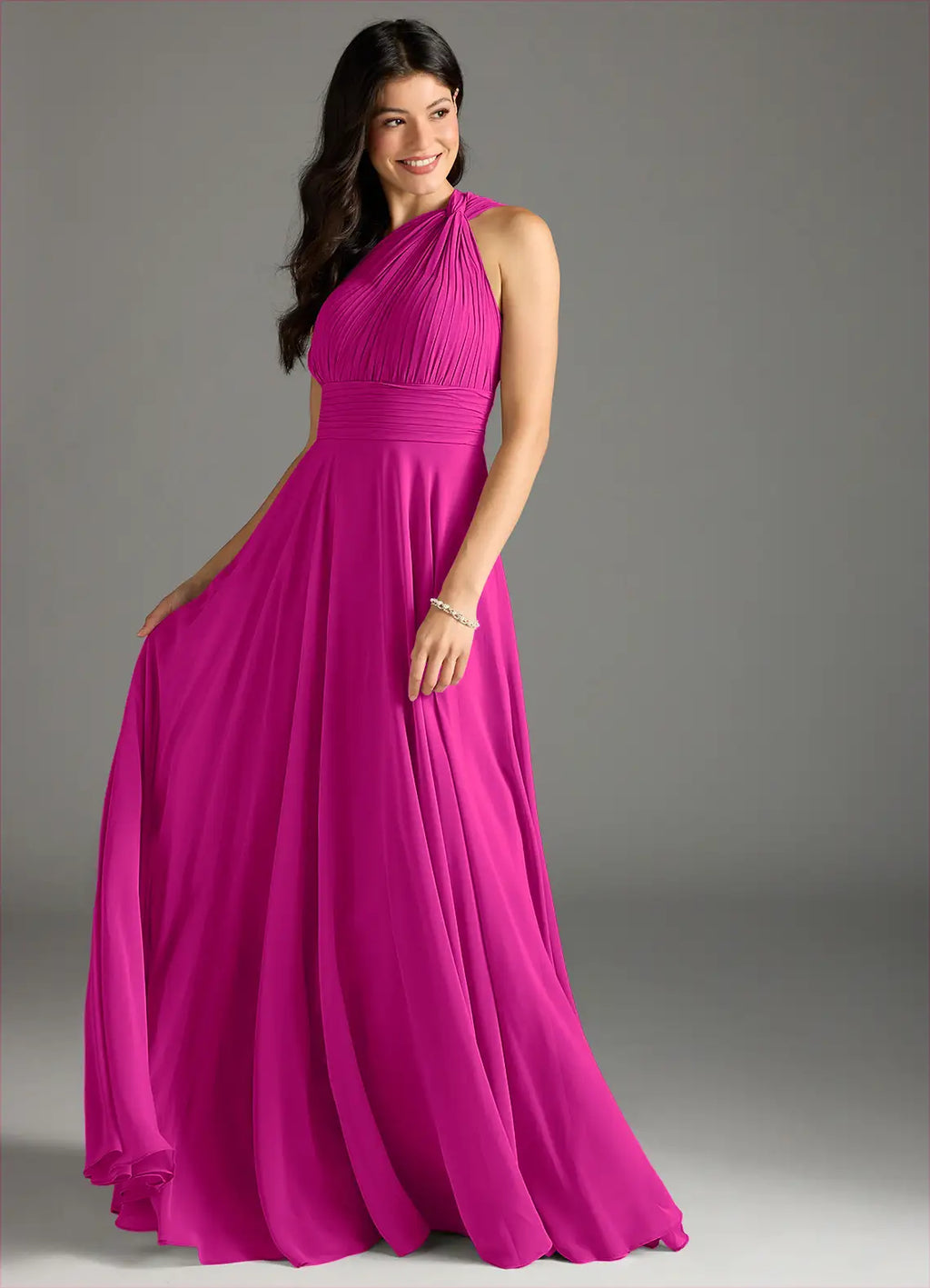 Elegant One-Shoulder Pleated Bodice Open Back Ruched Waist Floor-Length Bridesmaid Dresses