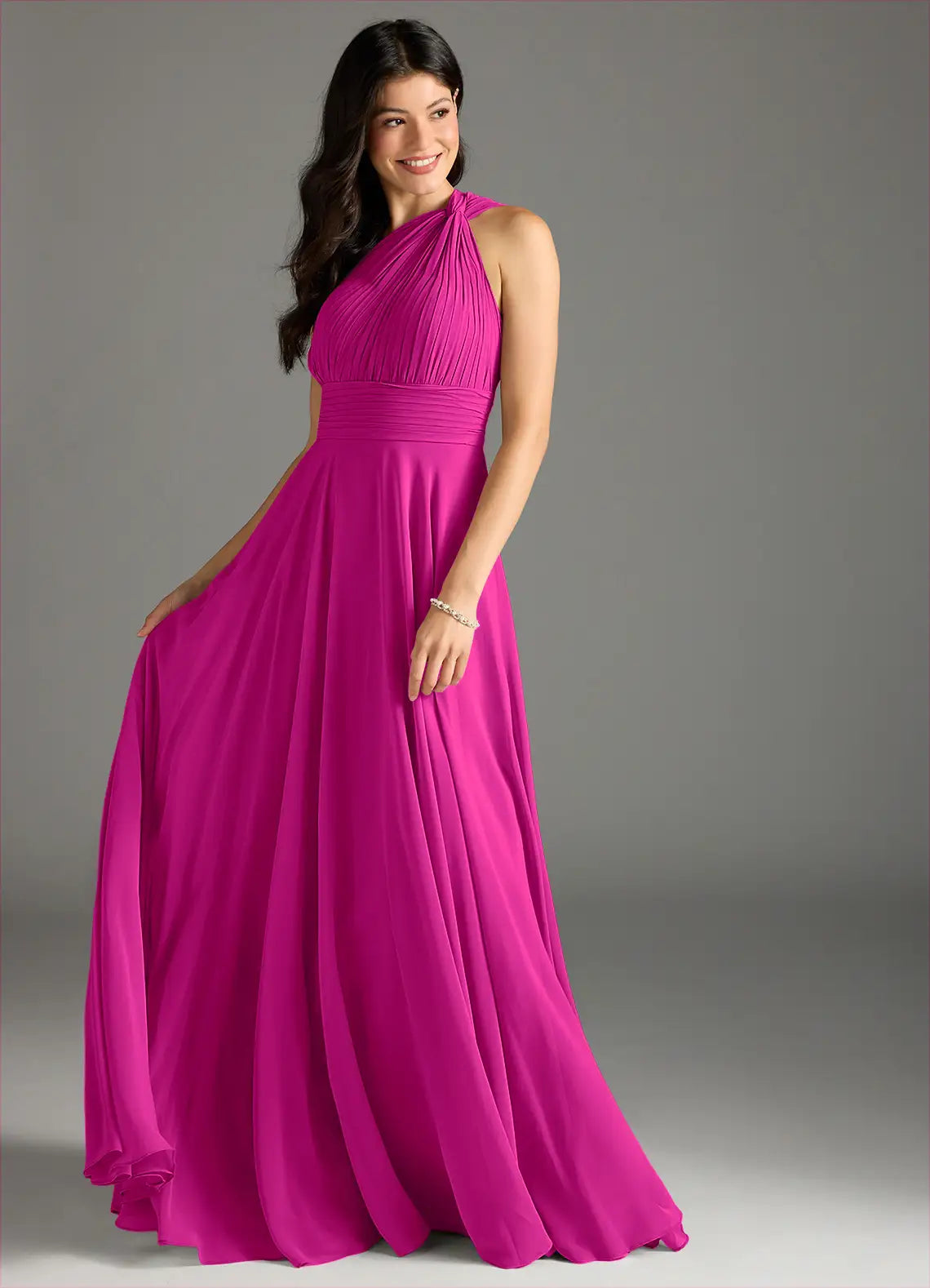 Elegant One-Shoulder Pleated Bodice Open Back Ruched Waist Floor-Length Bridesmaid Dresses