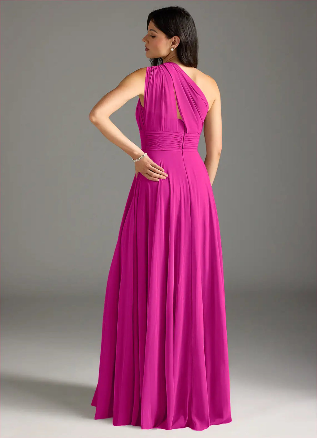 Elegant One-Shoulder Pleated Bodice Open Back Ruched Waist Floor-Length Bridesmaid Dresses