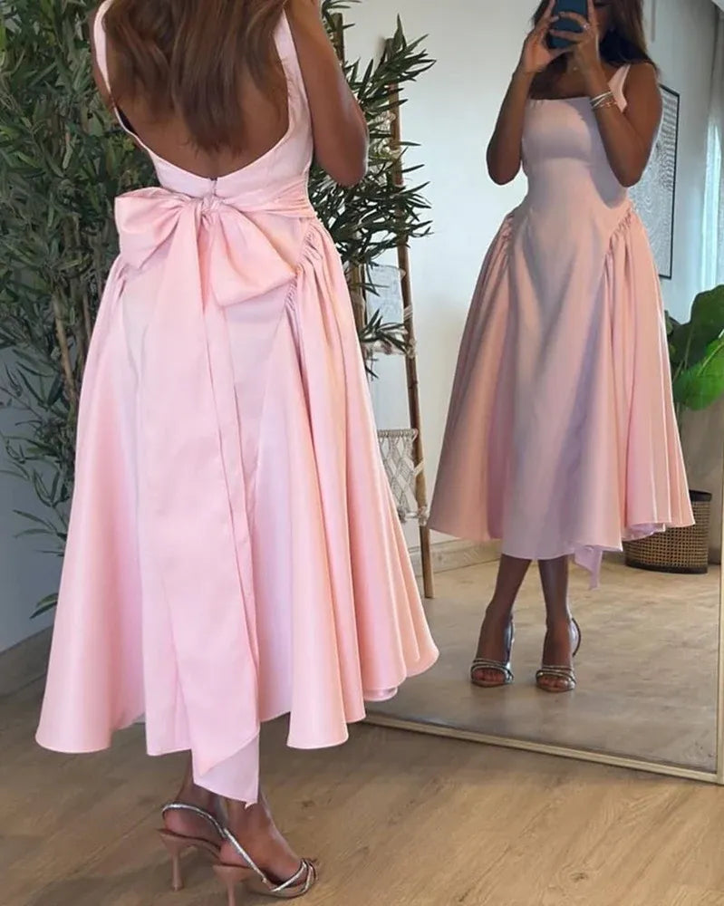 Open Back Square Neck Sleeveless Midi Cocktail Dress