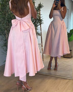 Open Back Square Neck Sleeveless Midi Cocktail Dress