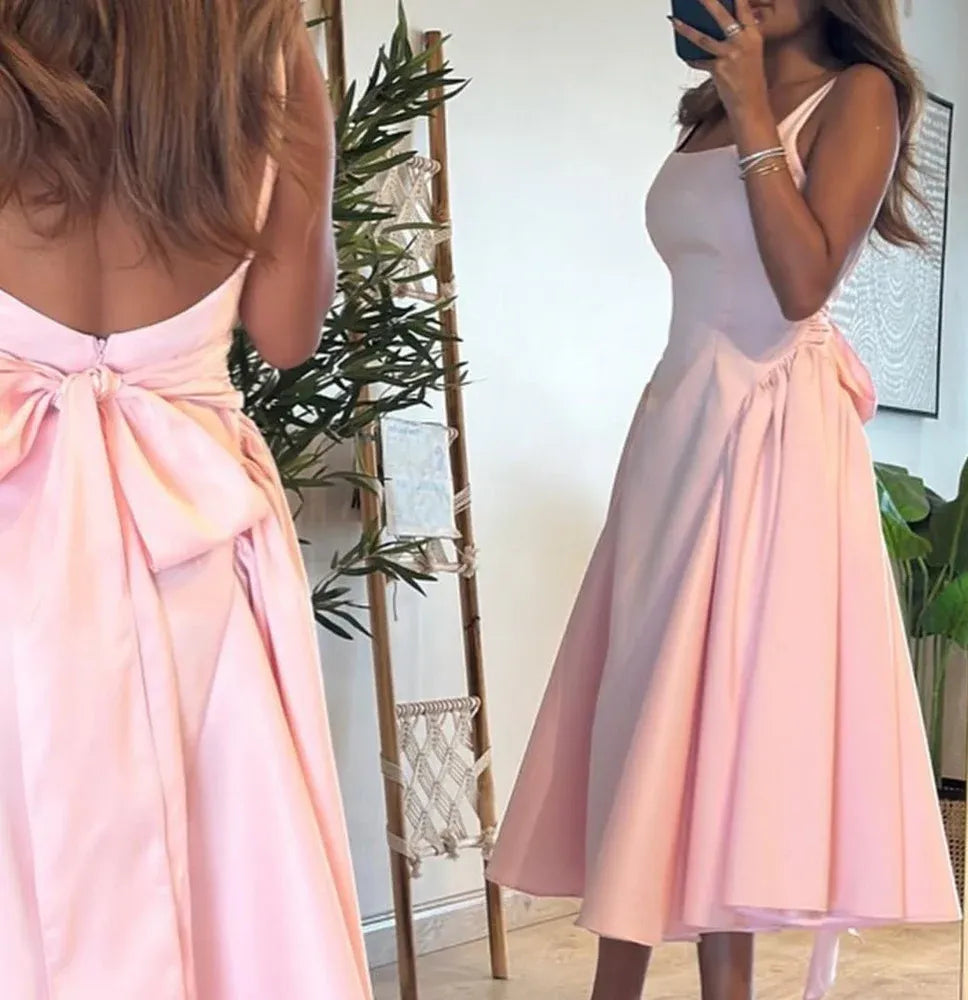 Open Back Square Neck Sleeveless Midi Cocktail Dress
