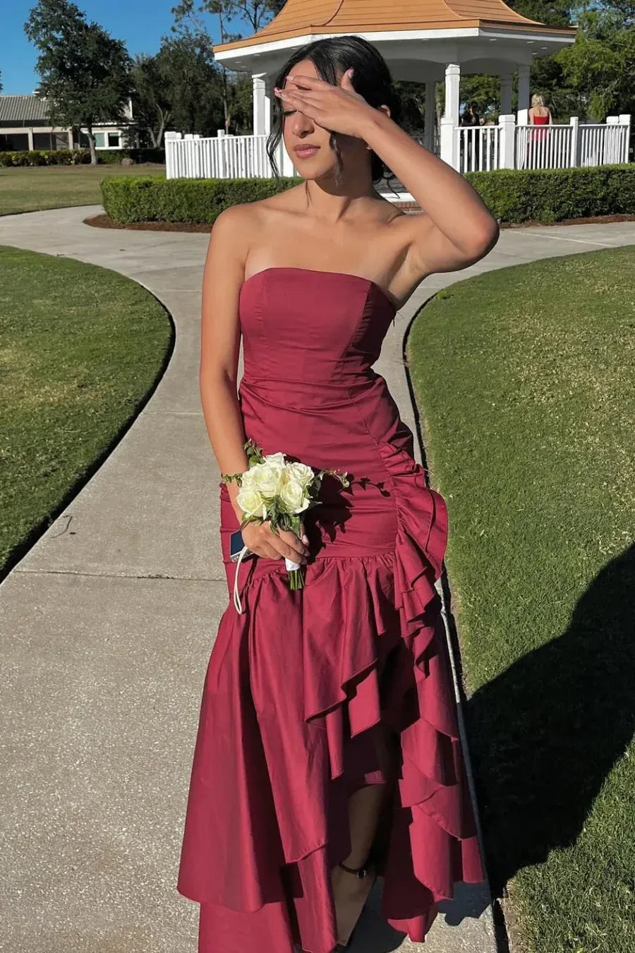 Ruffled Strapless Sleeveless Maxi Prom Dress With Slit
