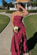 Ruffled Strapless Sleeveless Maxi Prom Dress With Slit