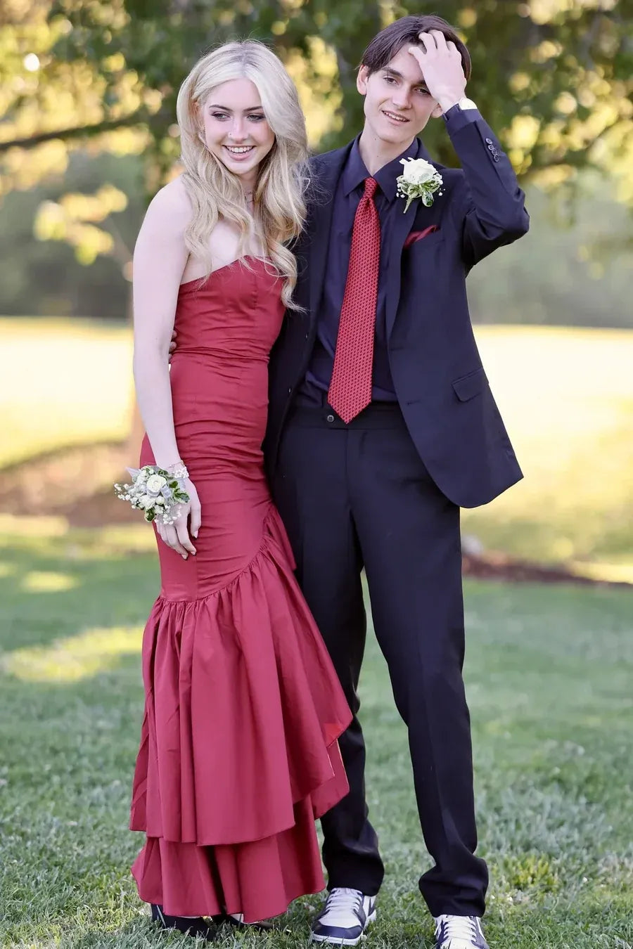 Ruffled Strapless Sleeveless Maxi Prom Dress With Slit