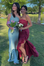 Ruffled Strapless Sleeveless Maxi Prom Dress With Slit