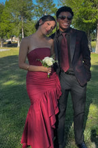 Ruffled Strapless Sleeveless Maxi Prom Dress With Slit