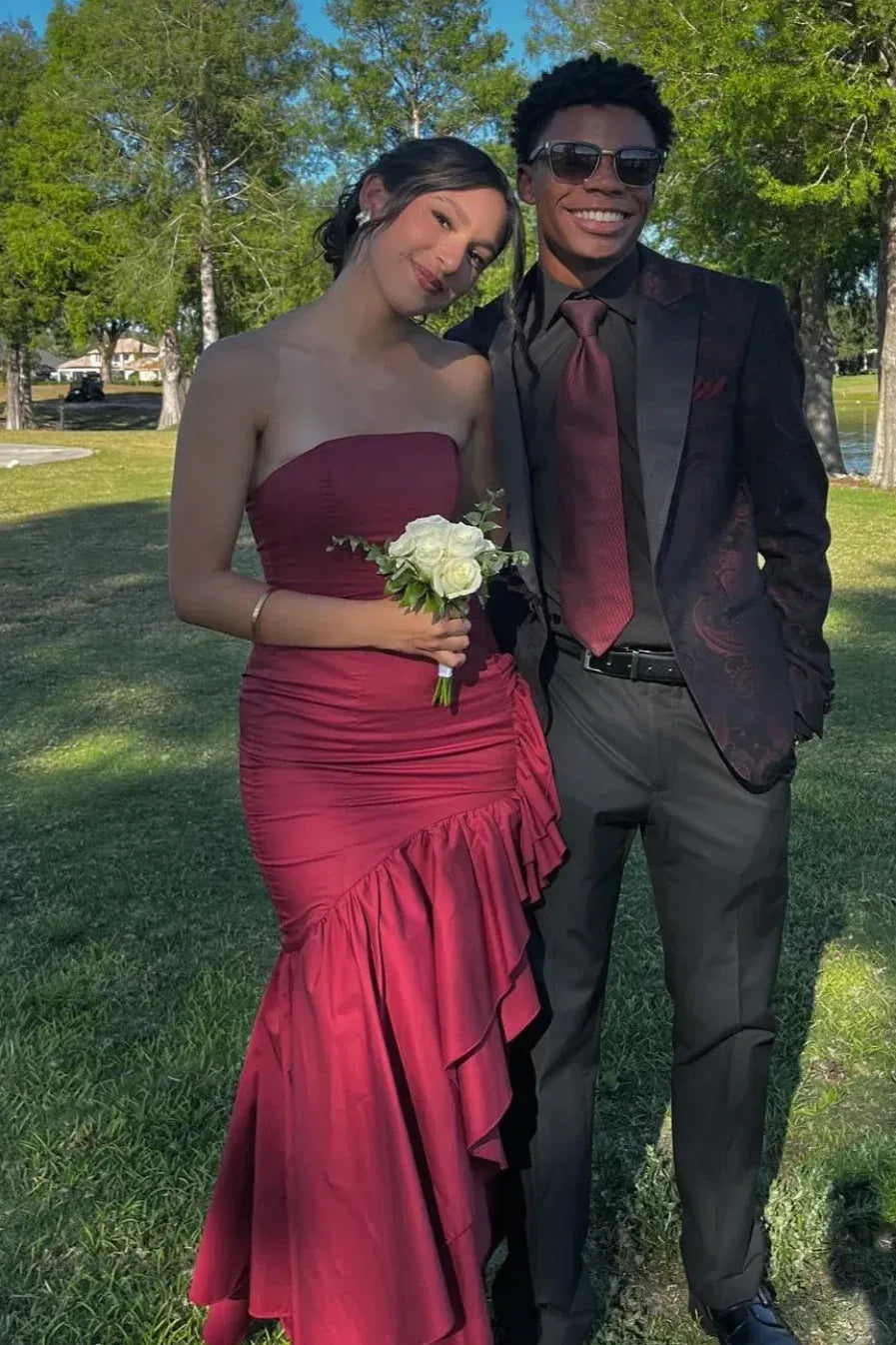 Ruffled Strapless Sleeveless Maxi Prom Dress With Slit