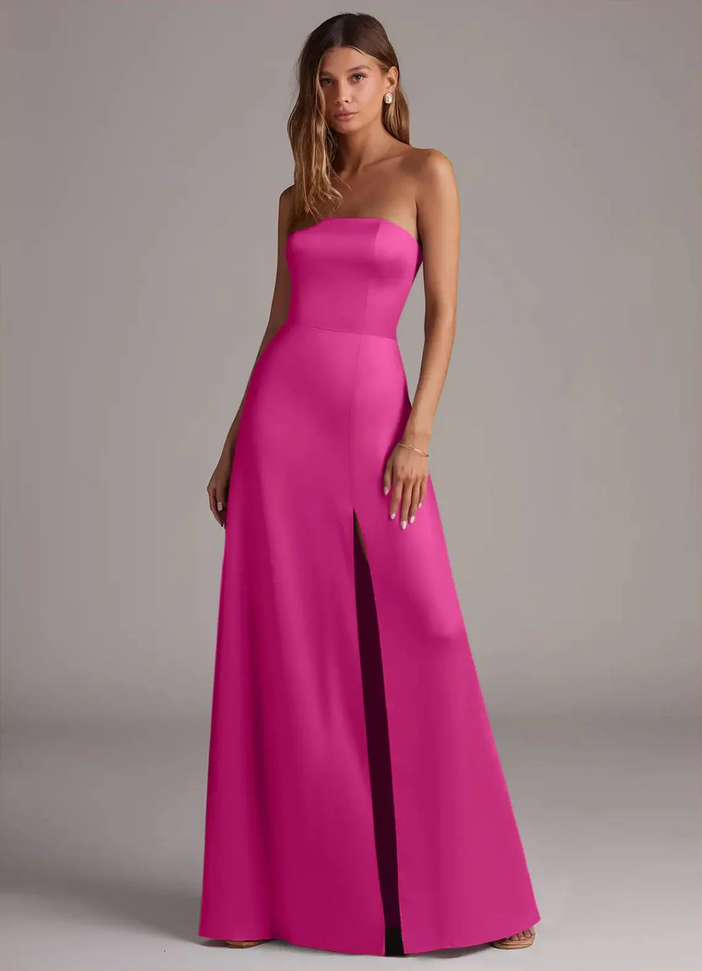Elegant Satin A-Line Strapless Open Back Floor Length Bridesmaid Dress with Slit