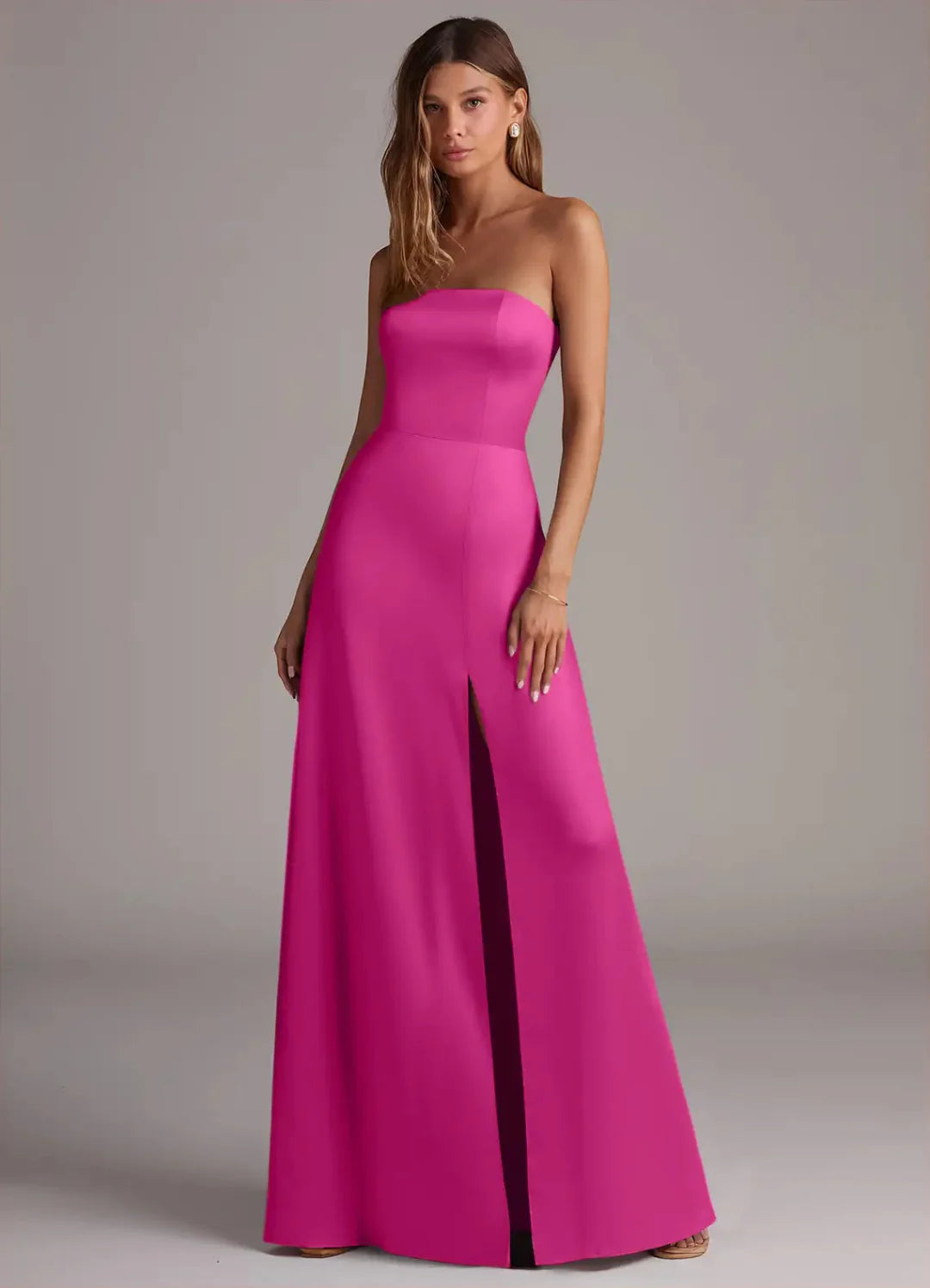 Elegant Satin A-Line Strapless Open Back Floor Length Bridesmaid Dress with Slit