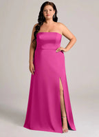 Elegant Satin A-Line Strapless Open Back Floor Length Bridesmaid Dress with Slit