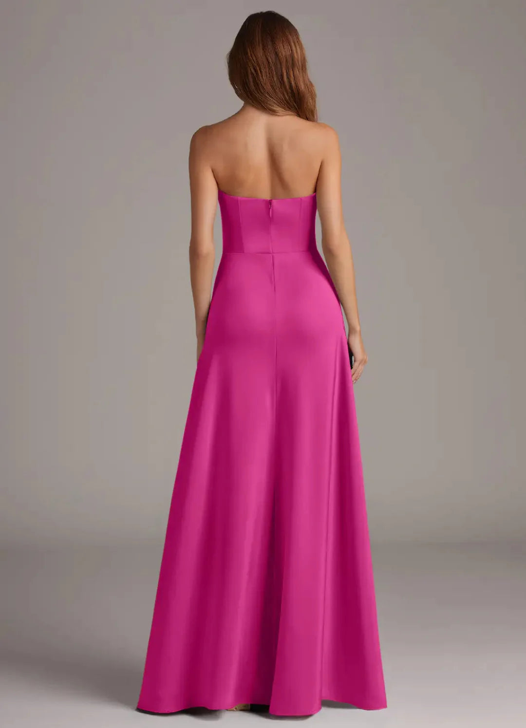Elegant Satin A-Line Strapless Open Back Floor Length Bridesmaid Dress with Slit