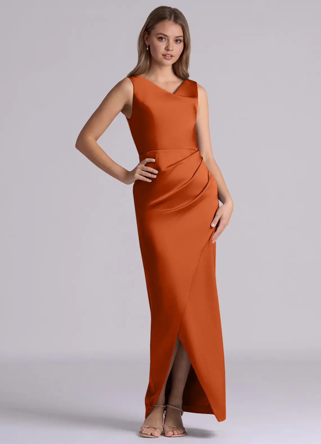 Elegant Satin Asymmetrical Neck Cowl Back Ruched High-Slit Floor-Length Bridesmaid Dress