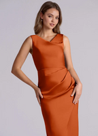 Elegant Satin Asymmetrical Neck Cowl Back Ruched High-Slit Floor-Length Bridesmaid Dress