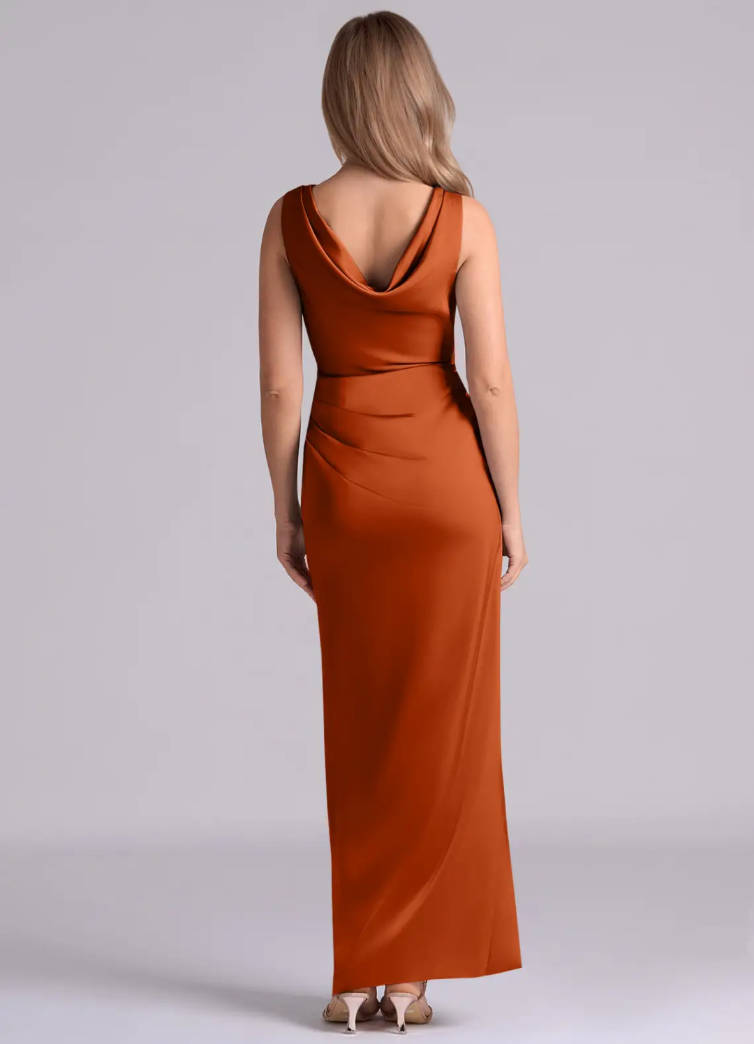 Elegant Satin Asymmetrical Neck Cowl Back Ruched High-Slit Floor-Length Bridesmaid Dress