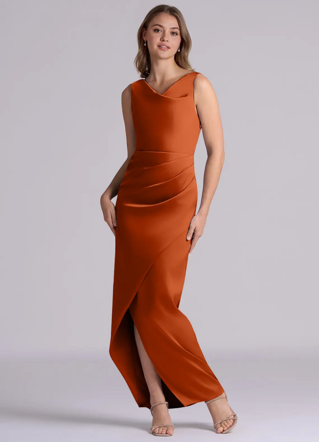 Elegant Satin Asymmetrical Neck Cowl Back Ruched High-Slit Floor-Length Bridesmaid Dress