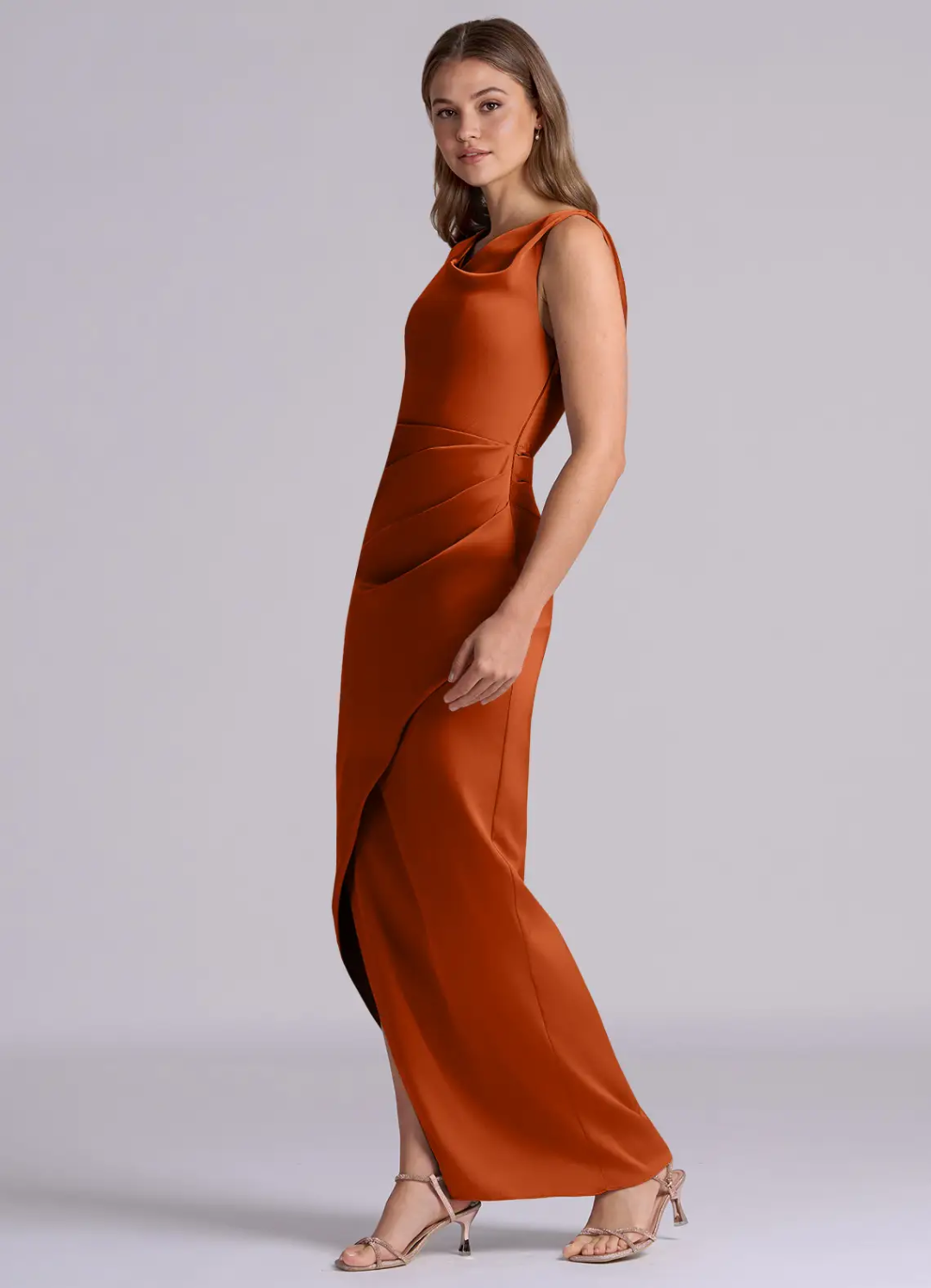 Elegant Satin Asymmetrical Neck Cowl Back Ruched High-Slit Floor-Length Bridesmaid Dress