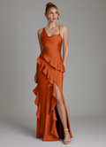 Elegant Satin Asymmetrical Spaghetti Strap Ruffle High-Slit Floor-Length Bridesmaid Dress