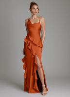 Elegant Satin Asymmetrical Spaghetti Strap Ruffle High-Slit Floor-Length Bridesmaid Dress