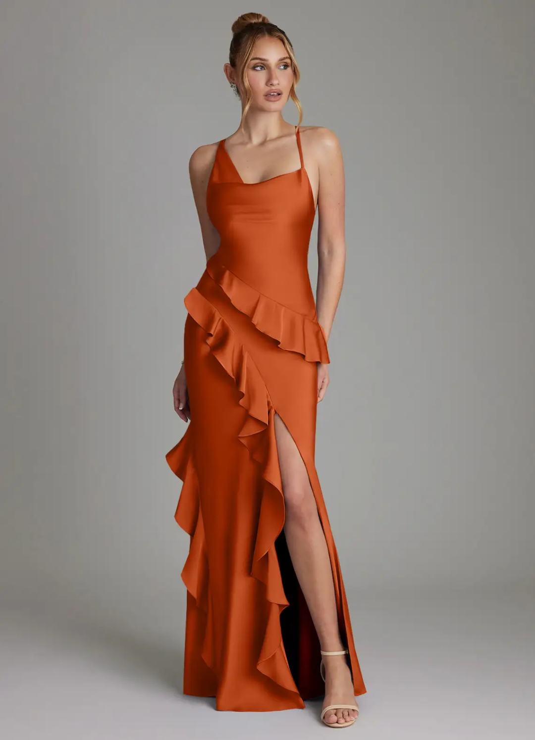 Elegant Satin Asymmetrical Spaghetti Strap Ruffle High-Slit Floor-Length Bridesmaid Dress