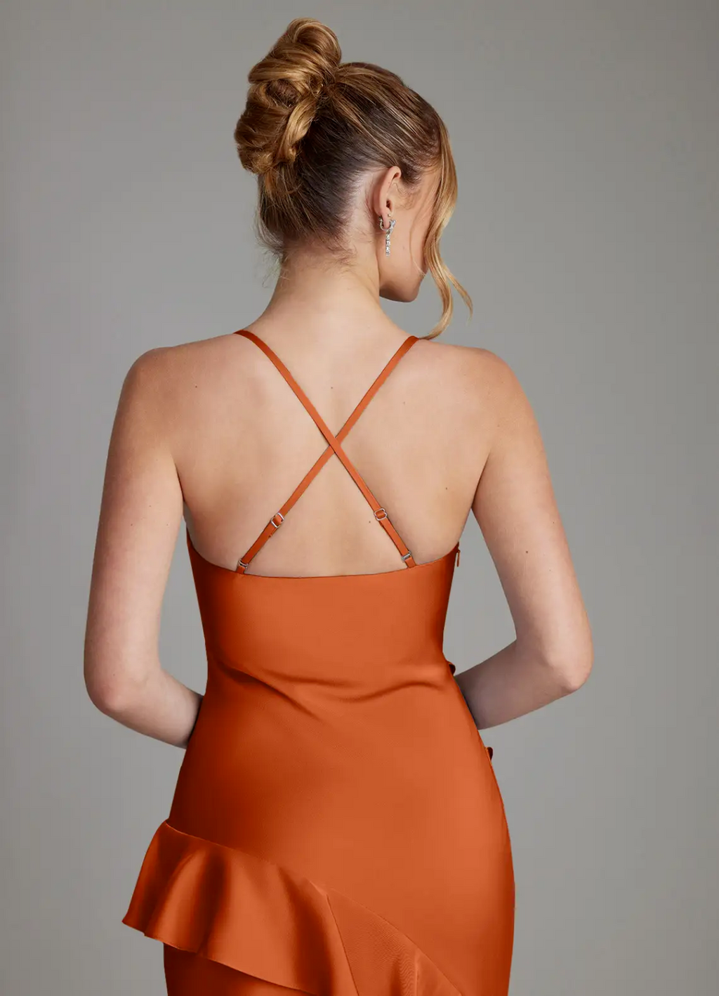 Elegant Satin Asymmetrical Spaghetti Strap Ruffle High-Slit Floor-Length Bridesmaid Dress