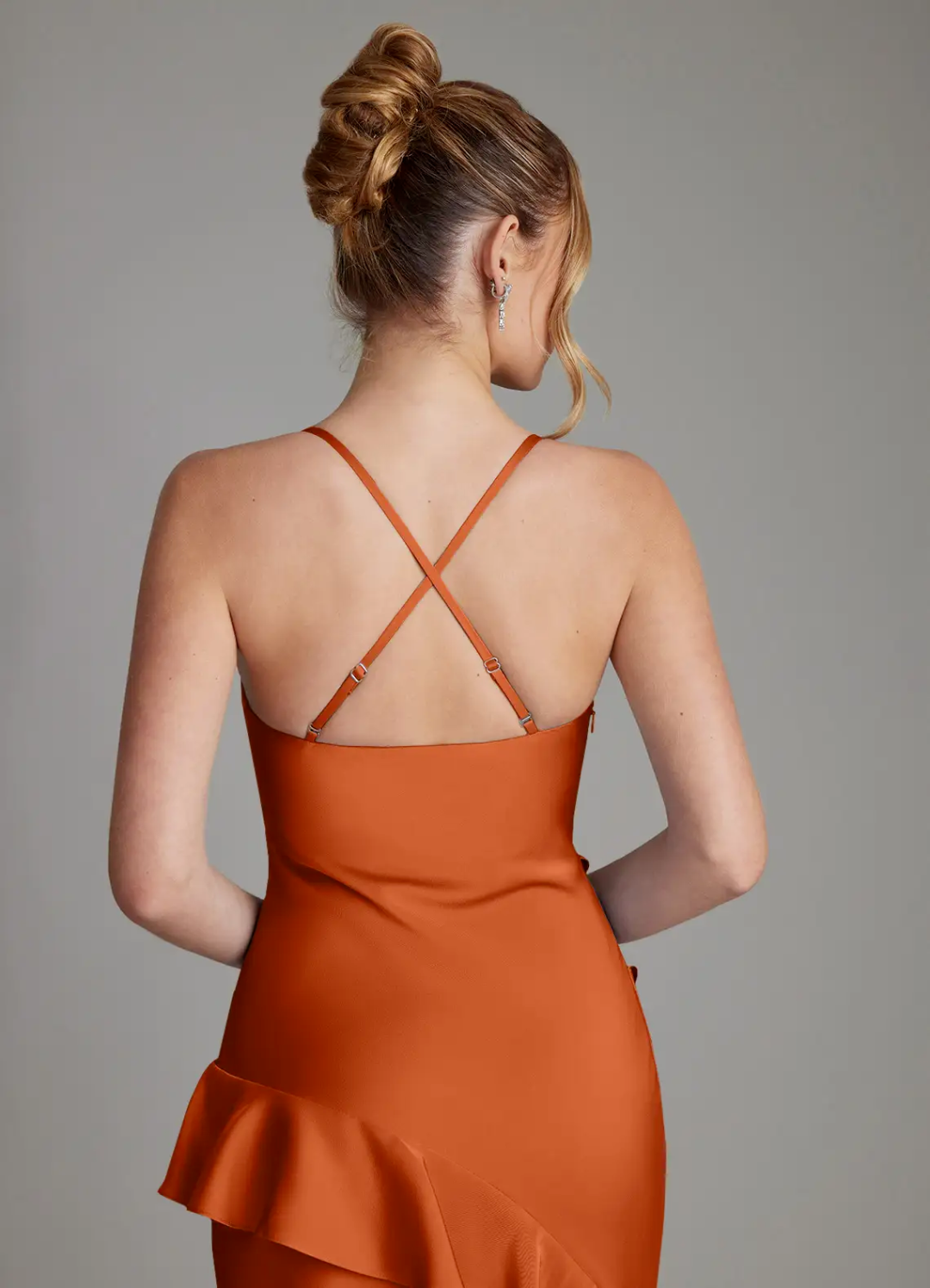 Elegant Satin Asymmetrical Spaghetti Strap Ruffle High-Slit Floor-Length Bridesmaid Dress