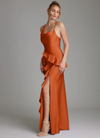 Elegant Satin Asymmetrical Spaghetti Strap Ruffle High-Slit Floor-Length Bridesmaid Dress