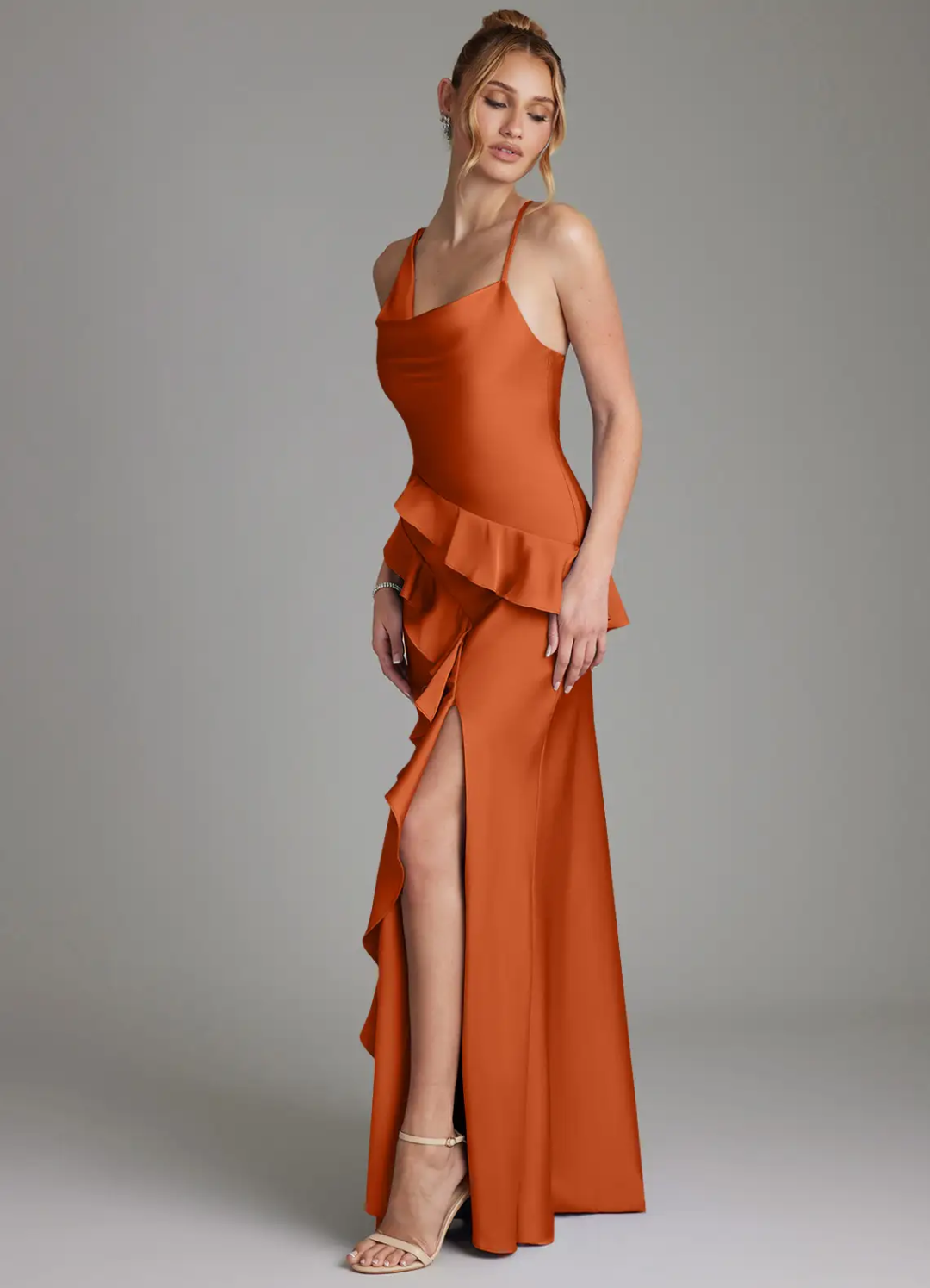 Elegant Satin Asymmetrical Spaghetti Strap Ruffle High-Slit Floor-Length Bridesmaid Dress